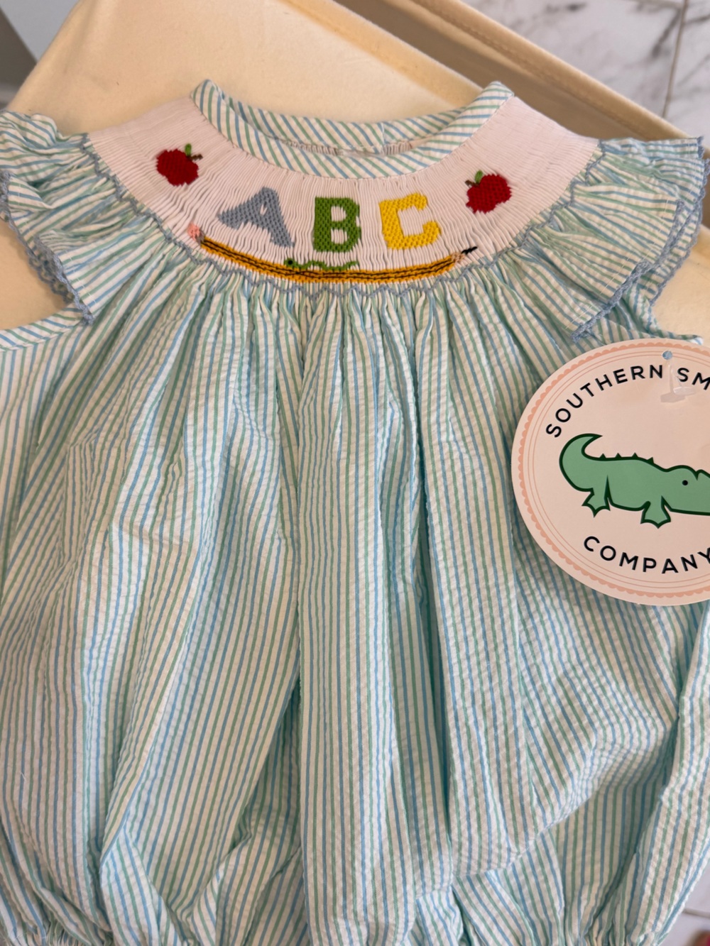 Girls' Light Blue ABC Striped Smocked Bubble